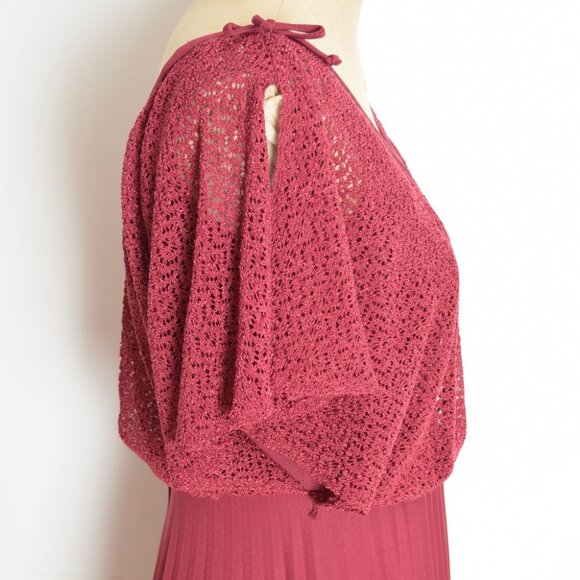 vintage 70s prom dress burgundy crochet lace flutter draped pleated long maxi XS - Picture 7 of 11